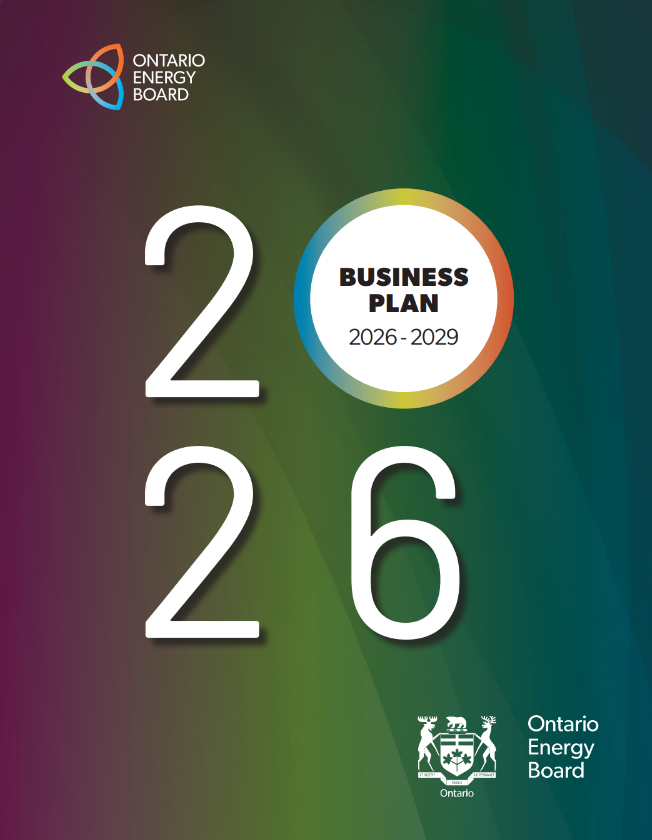A professional document cover for the Ontario Energy Board Business Plan 2025-2028. The top half features a high-angle photo of a modern city at dusk with illuminated skyscrapers. The bottom half is white with the OEB logo in the bottom right corner and the title 'Business Plan 2025-2028' in bold teal and black text.